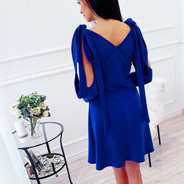 The Best New Women Summer Dress Cold Shoulder V-Neck Long Sleeve Elegant Ladies Solid Casual Vintage Short Mini Dress Online - Takalr