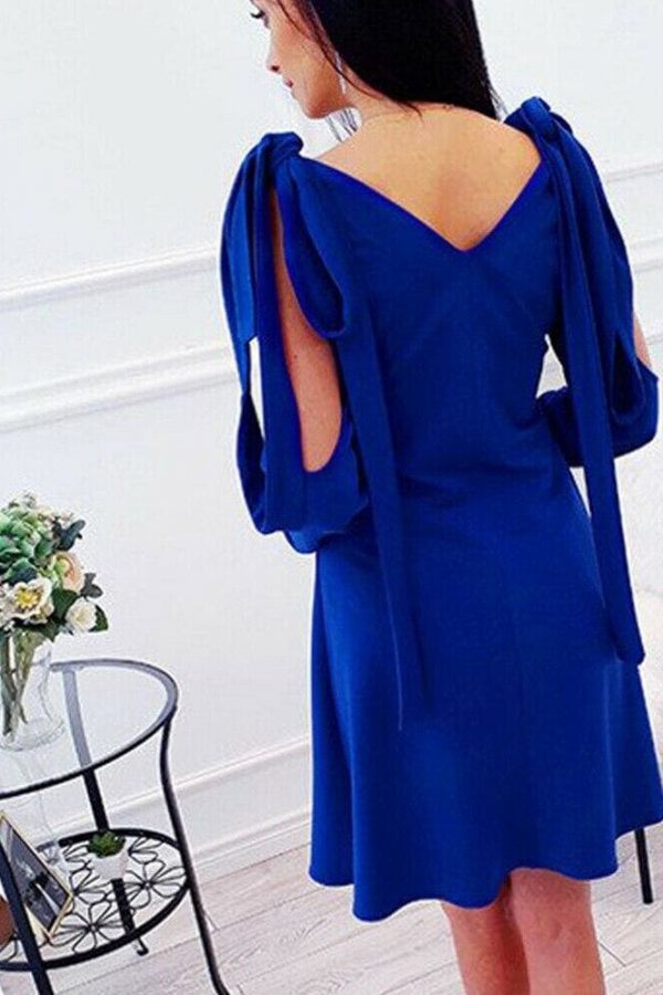 The Best New Women Summer Dress Cold Shoulder V-Neck Long Sleeve Elegant Ladies Solid Casual Vintage Short Mini Dress Online - Takalr