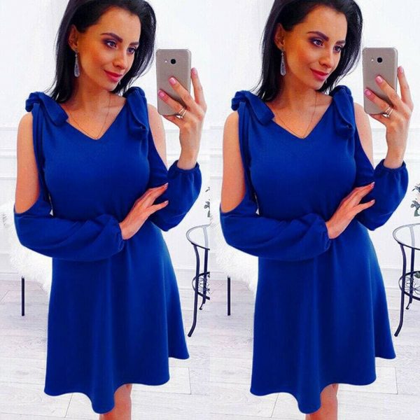 The Best New Women Summer Dress Cold Shoulder V-Neck Long Sleeve Elegant Ladies Solid Casual Vintage Short Mini Dress Online - Takalr