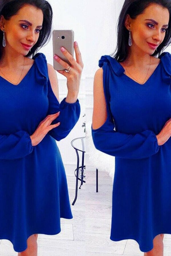 The Best New Women Summer Dress Cold Shoulder V-Neck Long Sleeve Elegant Ladies Solid Casual Vintage Short Mini Dress Online - Takalr