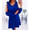 The Best New Women Summer Dress Cold Shoulder V-Neck Long Sleeve Elegant Ladies Solid Casual Vintage Short Mini Dress Online - Takalr