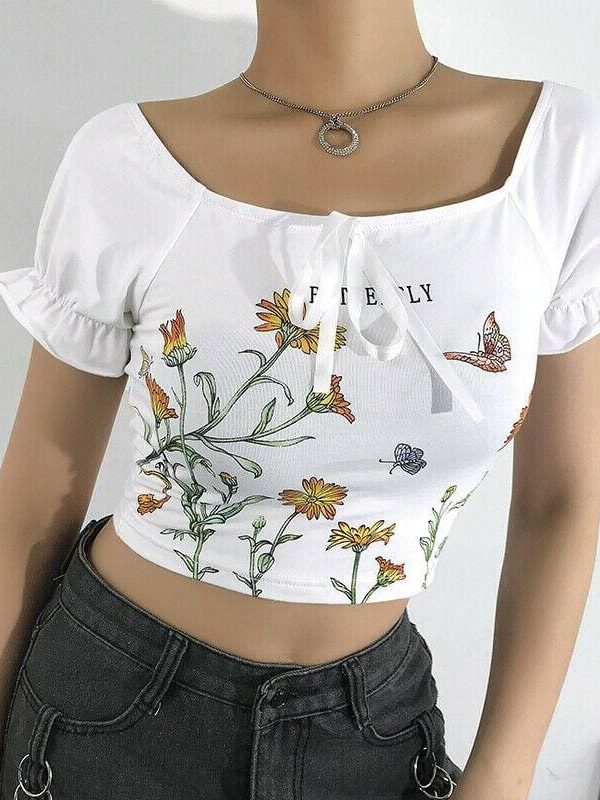 The Best New Women Summer Floral Off Shoulder Tops Ladies Casual Blouse Short Sleeve Beach Holiday Slim Crop Top Shirt Online - Takalr