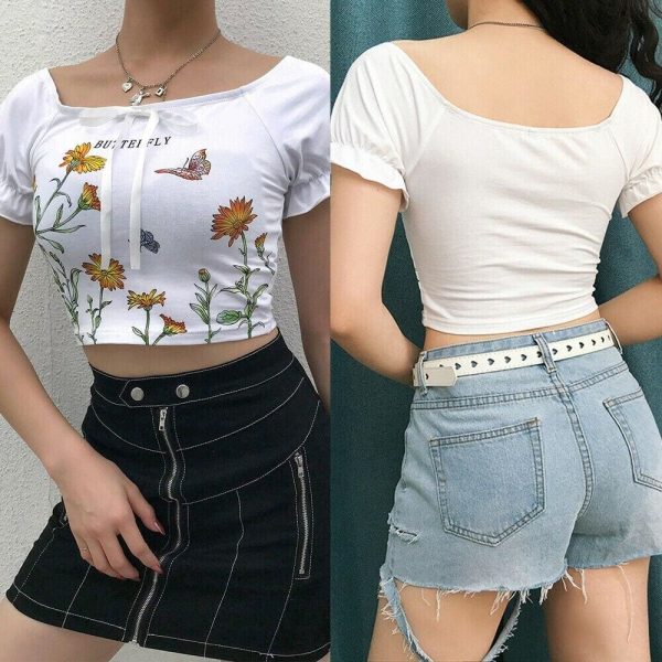 The Best New Women Summer Floral Off Shoulder Tops Ladies Casual Blouse Short Sleeve Beach Holiday Slim Crop Top Shirt Online - Takalr