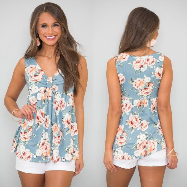 The Best New Women Summer Floral Vest Top Fashion Sleeveless V-Neck Blouse Holiday Ladies Casual Loose Tank Tops Shirts Online - Takalr