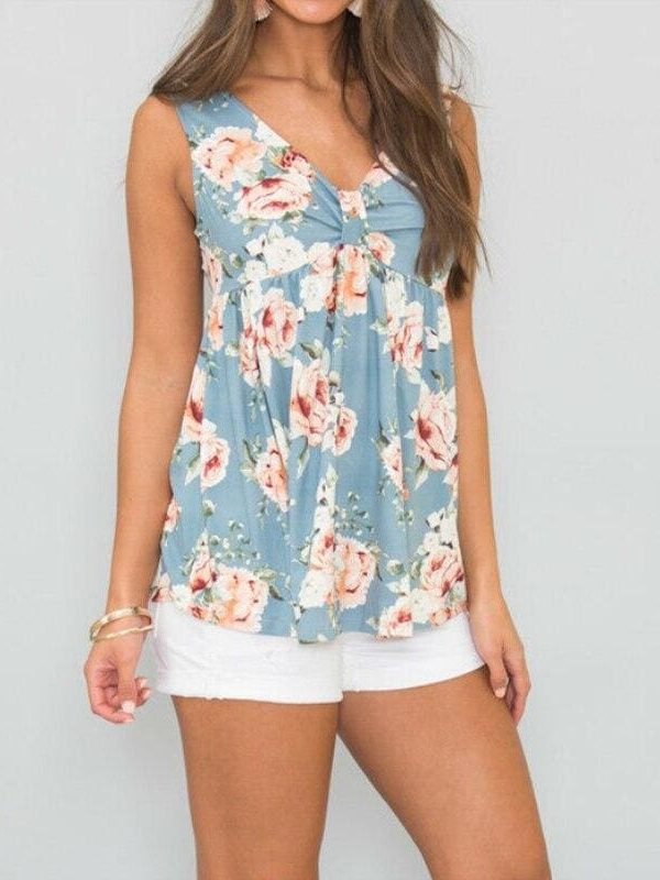 The Best New Women Summer Floral Vest Top Fashion Sleeveless V-Neck Blouse Holiday Ladies Casual Loose Tank Tops Shirts Online - Takalr