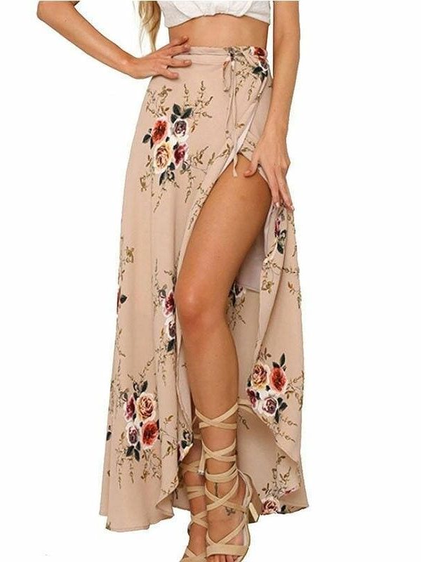 The Best New Women Summer Hight Waist Maxi Skirt Ladies Fashion Pleated Beach Long Casual Boho Floral Skirt Sundress Online - Takalr