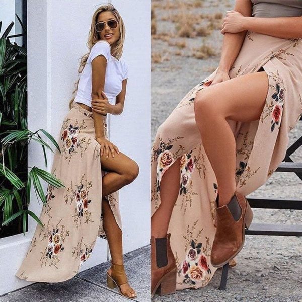 The Best New Women Summer Hight Waist Maxi Skirt Ladies Fashion Pleated Beach Long Casual Boho Floral Skirt Sundress Online - Takalr