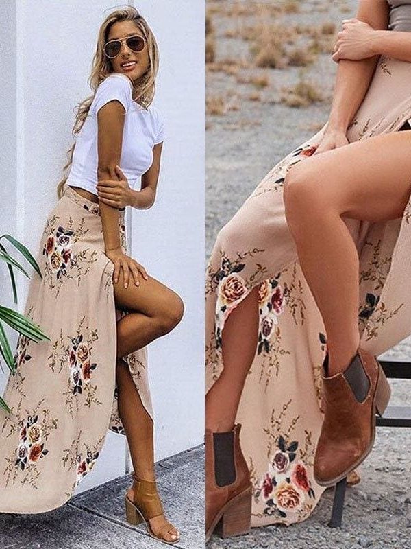 The Best New Women Summer Hight Waist Maxi Skirt Ladies Fashion Pleated Beach Long Casual Boho Floral Skirt Sundress Online - Takalr