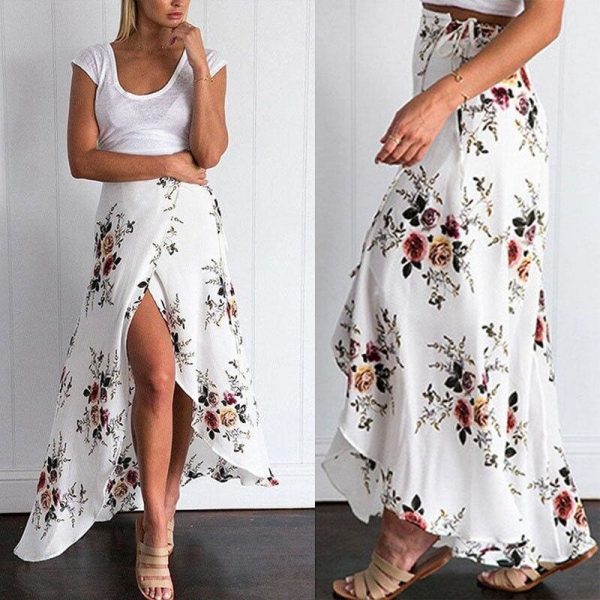 The Best New Women Summer Hight Waist Maxi Skirt Ladies Fashion Pleated Beach Long Casual Boho Floral Skirt Sundress Online - Takalr