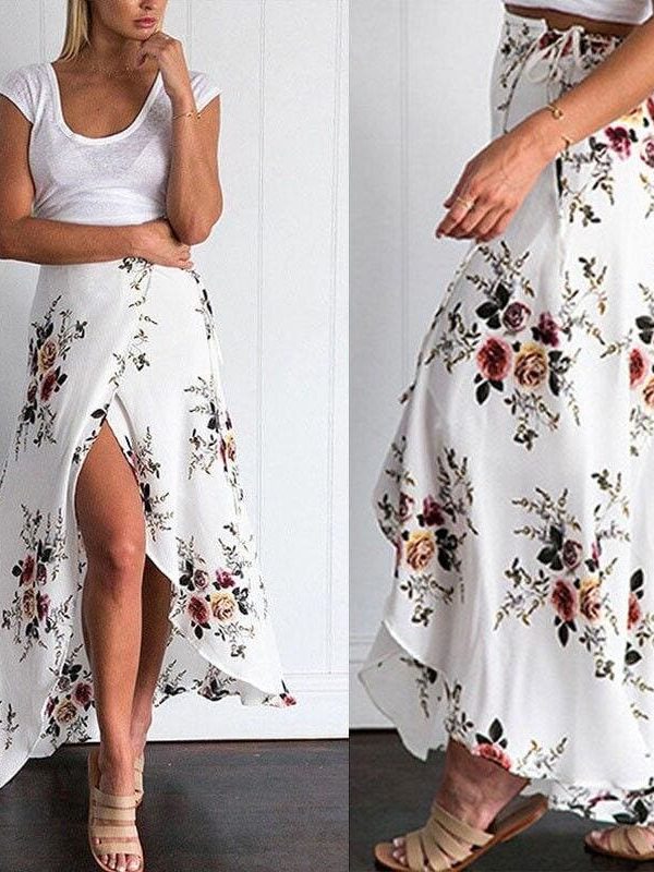 The Best New Women Summer Hight Waist Maxi Skirt Ladies Fashion Pleated Beach Long Casual Boho Floral Skirt Sundress Online - Takalr