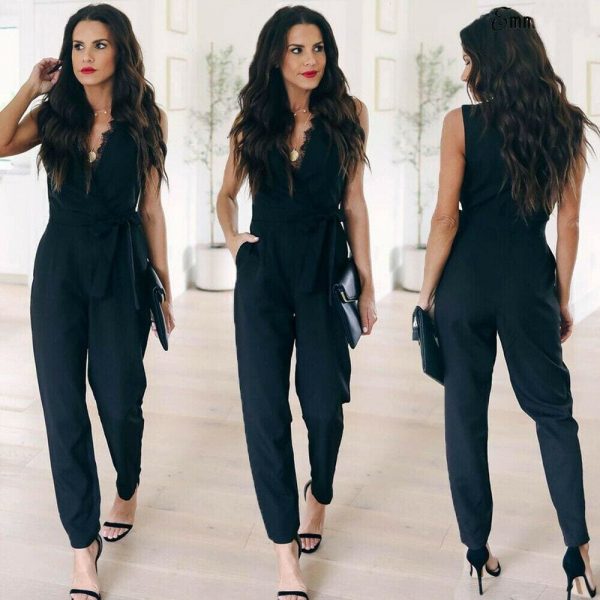 The Best New Women Summer Lace V-Neck Sleeveless Jumpsuit Elegant OL Ladies Casual Rompers Party Playsuit Long Pant Trousers Online - Takalr