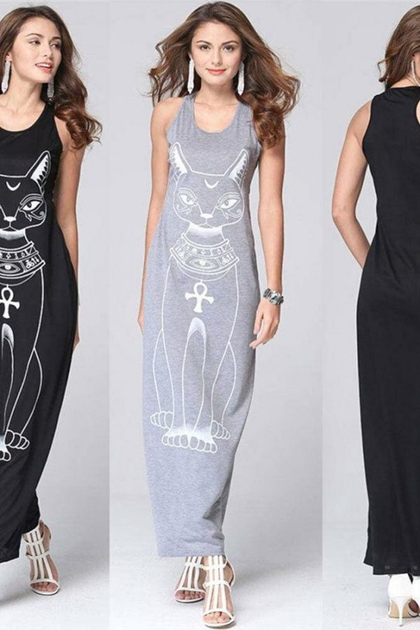 The Best New Women Summer Long Dress Casual Sleeveless Bodycon Cat Print Party Beach Dress Long Loose Dress Online - Takalr