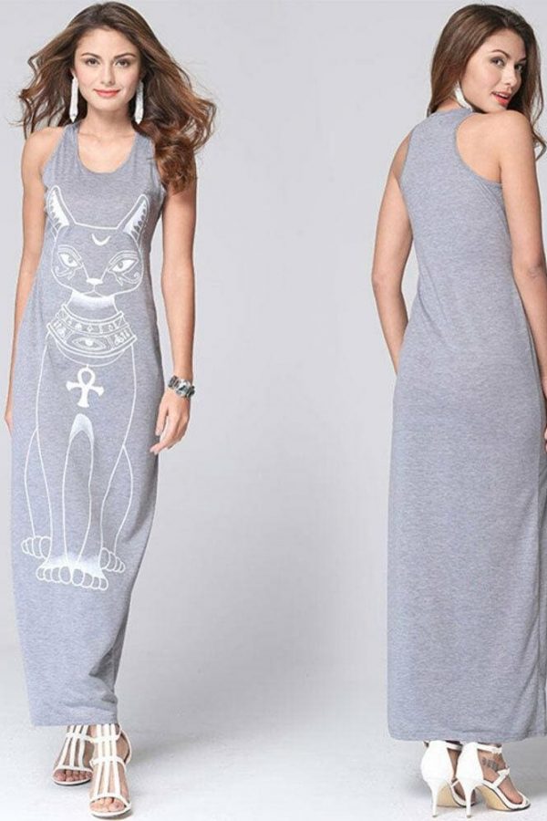 The Best New Women Summer Long Dress Casual Sleeveless Bodycon Cat Print Party Beach Dress Long Loose Dress Online - Takalr