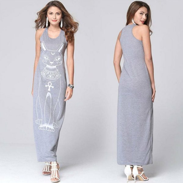 The Best New Women Summer Long Dress Casual Sleeveless Bodycon Cat Print Party Beach Dress Long Loose Dress Online - Takalr