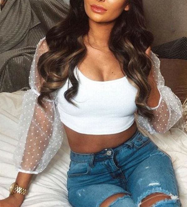 The Best New Women Summer Puff Long Sleeve Crop Top Shirt Ladies Beach Holiday Sheer Mesh Off Shoulder Blouse Top Online - Takalr