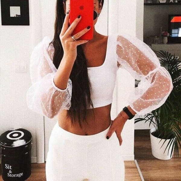 The Best New Women Summer Puff Long Sleeve Crop Top Shirt Ladies Beach Holiday Sheer Mesh Off Shoulder Blouse Top Online - Takalr