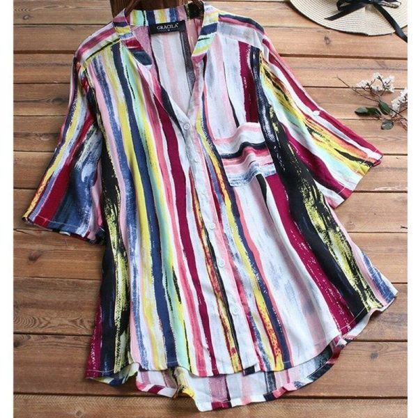 The Best New Women Summer Striped V Neck Blouses Ladies Casual Loose Baggy Tops Tunic Shirts Plus Size Women Clothes Online - Takalr