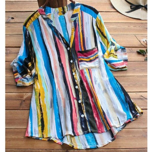 The Best New Women Summer Striped V Neck Blouses Ladies Casual Loose Baggy Tops Tunic Shirts Plus Size Women Clothes Online - Takalr