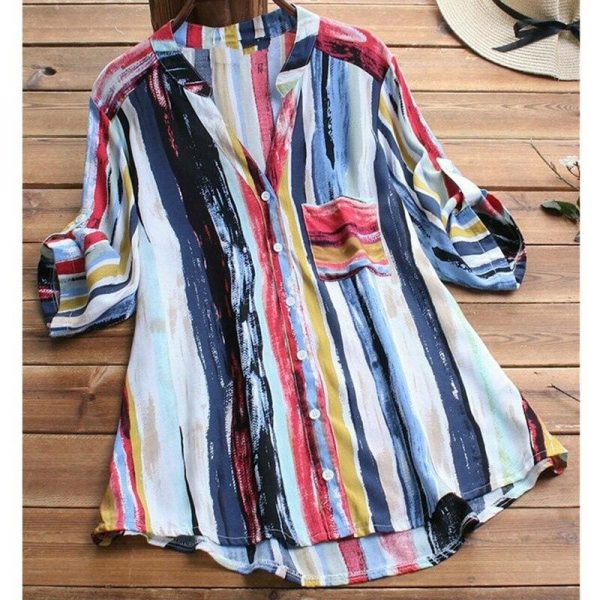 The Best New Women Summer Striped V Neck Blouses Ladies Casual Loose Baggy Tops Tunic Shirts Plus Size Women Clothes Online - Takalr