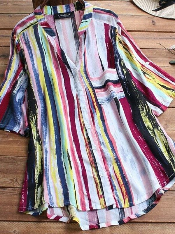 The Best New Women Summer Striped V Neck Blouses Ladies Casual Loose Baggy Tops Tunic Shirts Plus Size Women Clothes Online - Takalr