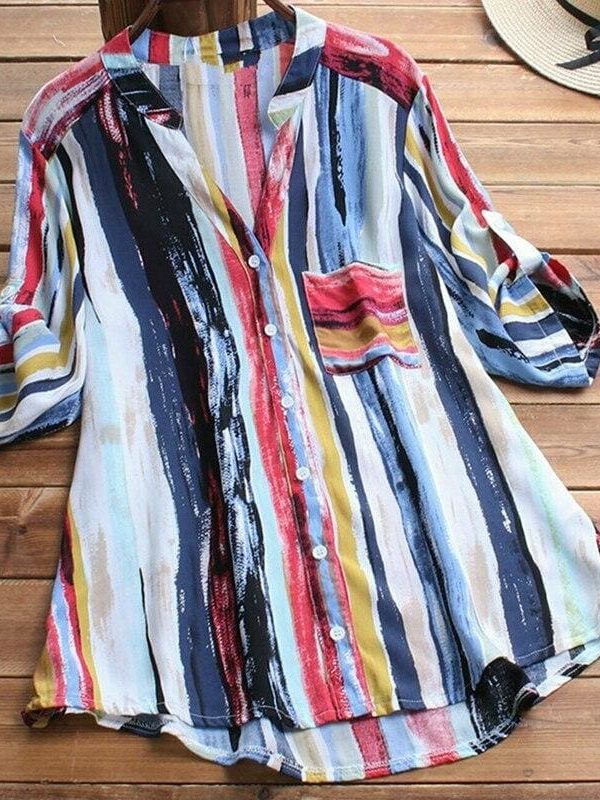 The Best New Women Summer Striped V Neck Blouses Ladies Casual Loose Baggy Tops Tunic Shirts Plus Size Women Clothes Online - Takalr