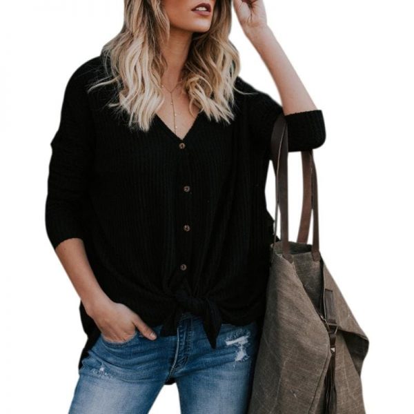 The Best New Women Sweaters Tie Front Button Down Knit Jumper Long Sleeve Shirts Online - Takalr