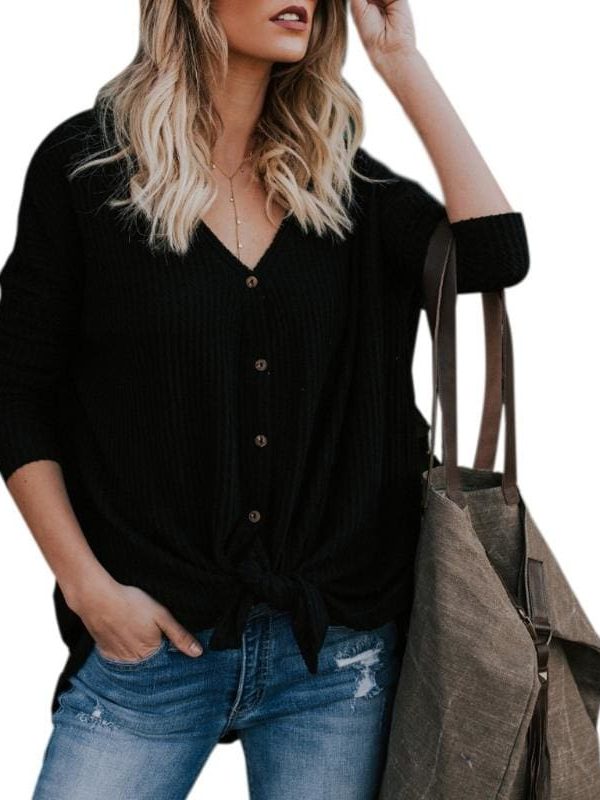 The Best New Women Sweaters Tie Front Button Down Knit Jumper Long Sleeve Shirts Online - Takalr