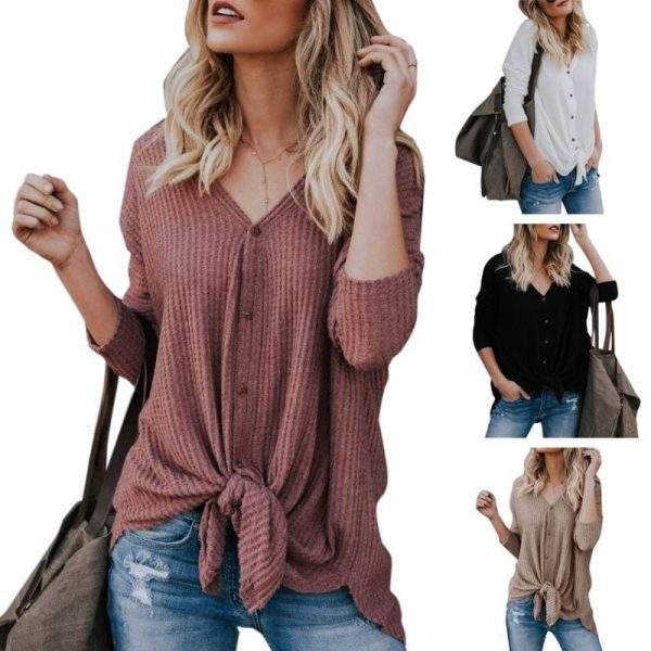 The Best New Women Sweaters Tie Front Button Down Knit Jumper Long Sleeve Shirts Online - Takalr