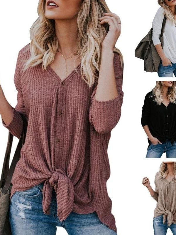 The Best New Women Sweaters Tie Front Button Down Knit Jumper Long Sleeve Shirts Online - Takalr