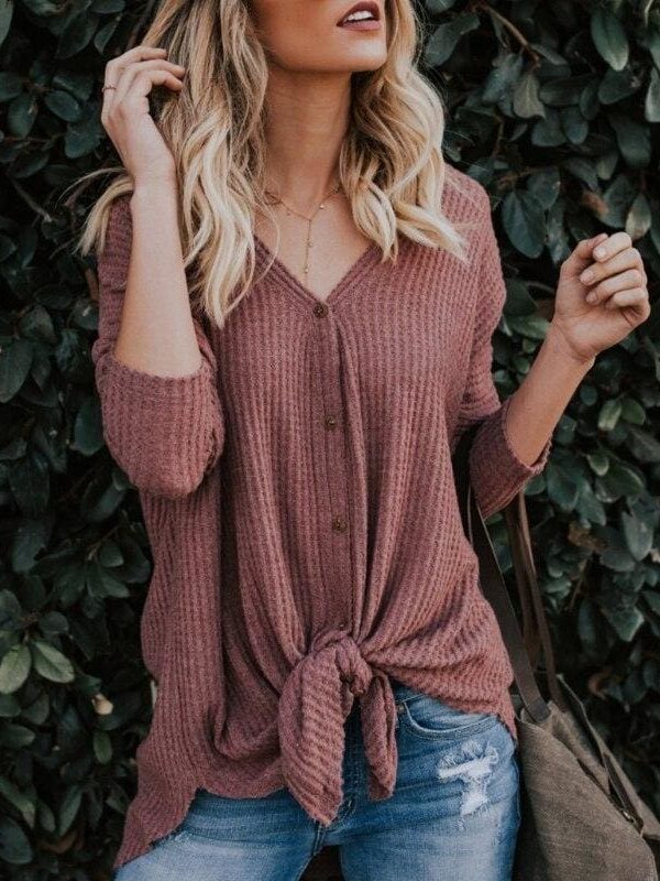 The Best New Women Sweaters Tie Front Button Down Knit Jumper Long Sleeve Shirts Online - Takalr