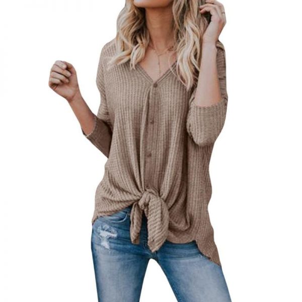 The Best New Women Sweaters Tie Front Button Down Knit Jumper Long Sleeve Shirts Online - Takalr