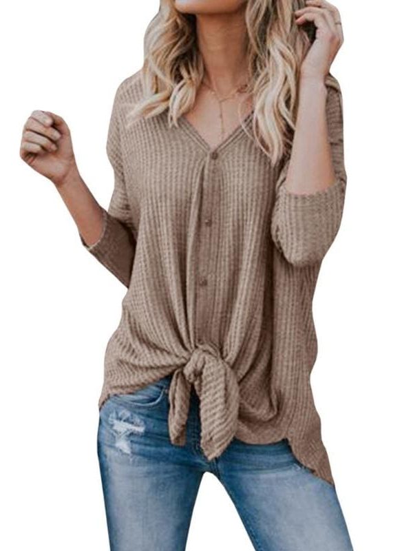 The Best New Women Sweaters Tie Front Button Down Knit Jumper Long Sleeve Shirts Online - Takalr