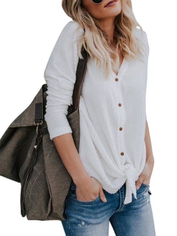 The Best New Women Sweaters Tie Front Button Down Knit Jumper Long Sleeve Shirts Online - Takalr