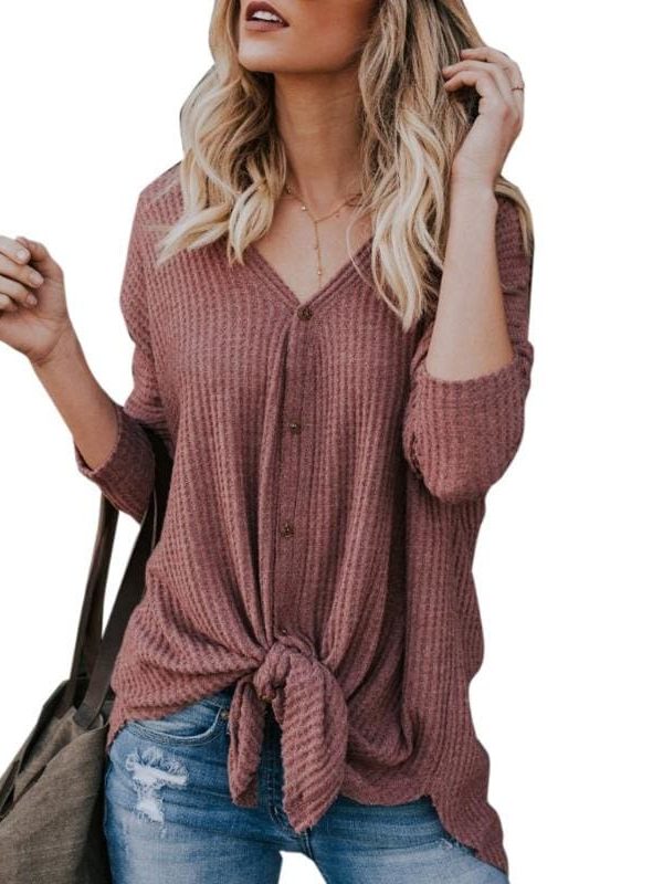 The Best New Women Sweaters Tie Front Button Down Knit Jumper Long Sleeve Shirts Online - Takalr