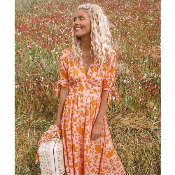 The Best New Women Sweet Boho Floral Maxi Dress Summer Retro Short Sleeve Draped Bandage Dresses Lady Party Beach Sundress Vestidos Online - Takalr