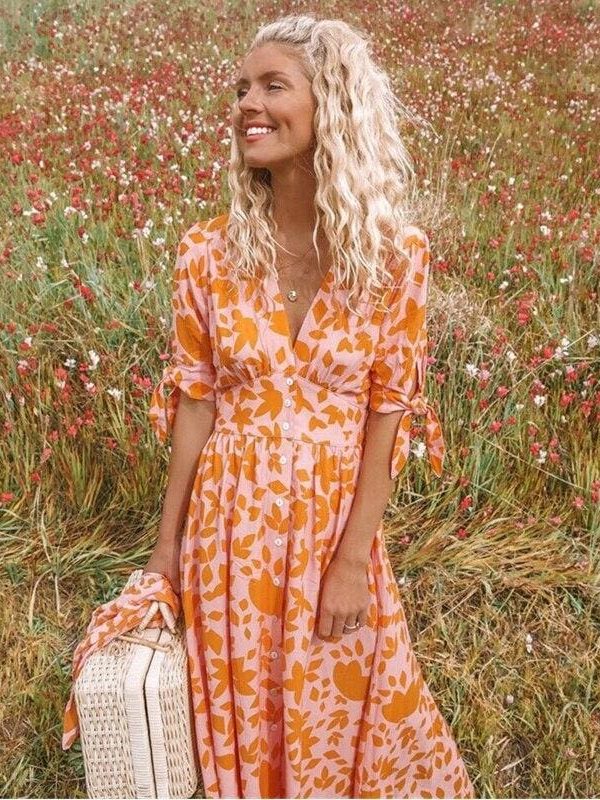 The Best New Women Sweet Boho Floral Maxi Dress Summer Retro Short Sleeve Draped Bandage Dresses Lady Party Beach Sundress Vestidos Online - Takalr