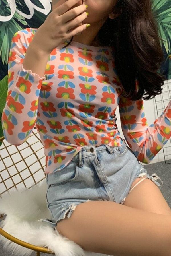 The Best New Women Sweet Cute Flower Patten Sheer Mesh See Through Long Sleeve T-Shirt Tee Crop Tops Summer Fashion Casual Lovely T-shirt Online - Takalr