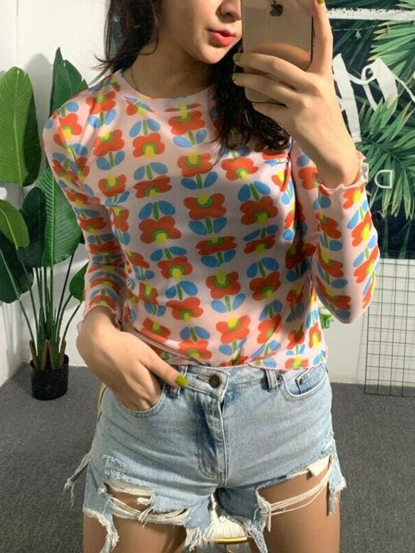 The Best New Women Sweet Cute Flower Patten Sheer Mesh See Through Long Sleeve T-Shirt Tee Crop Tops Summer Fashion Casual Lovely T-shirt Online - Takalr