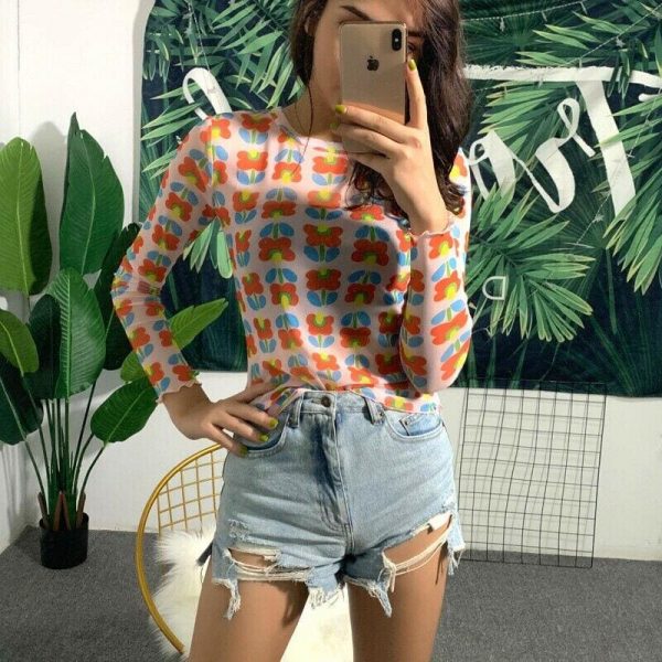 The Best New Women Sweet Cute Flower Patten Sheer Mesh See Through Long Sleeve T-Shirt Tee Crop Tops Summer Fashion Casual Lovely T-shirt Online - Takalr