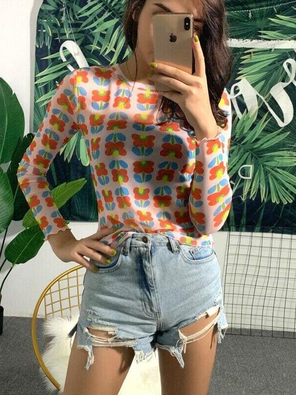 The Best New Women Sweet Cute Flower Patten Sheer Mesh See Through Long Sleeve T-Shirt Tee Crop Tops Summer Fashion Casual Lovely T-shirt Online - Takalr