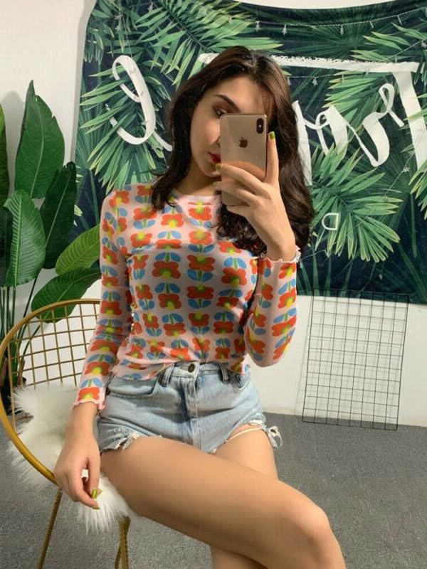 The Best New Women Sweet Cute Flower Patten Sheer Mesh See Through Long Sleeve T-Shirt Tee Crop Tops Summer Fashion Casual Lovely T-shirt Online - Takalr