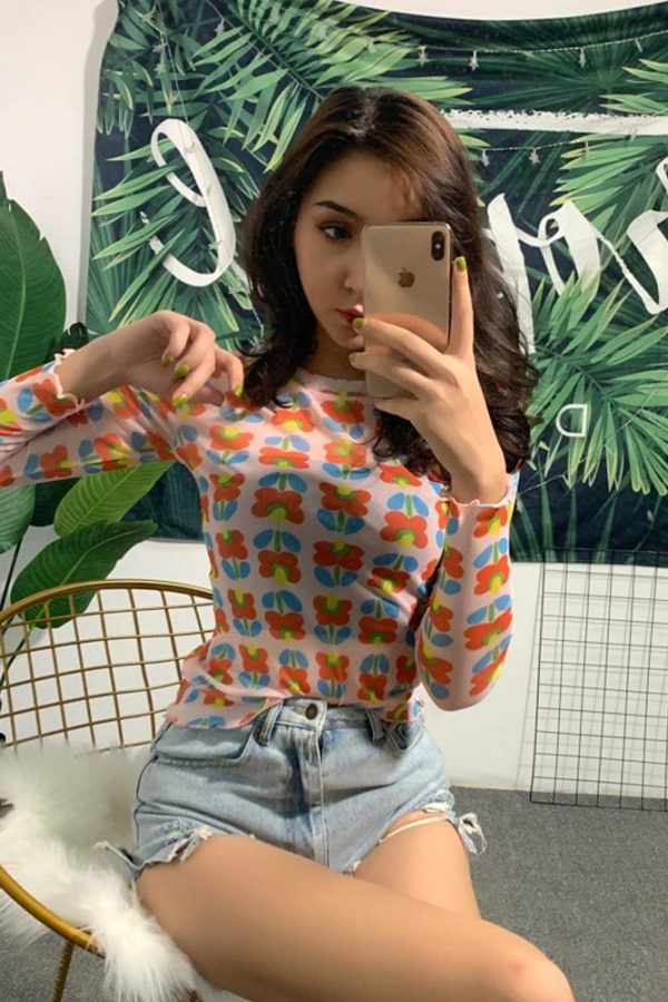 The Best New Women Sweet Cute Flower Patten Sheer Mesh See Through Long Sleeve T-Shirt Tee Crop Tops Summer Fashion Casual Lovely T-shirt Online - Takalr