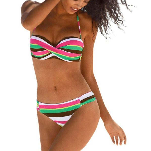 The Best New Women Two-Piece Swimsuit Bandage Beachwear Swimwear Chromatic Stripe Push Up Padded Bra Bikini Bathing Suit Online - Takalr