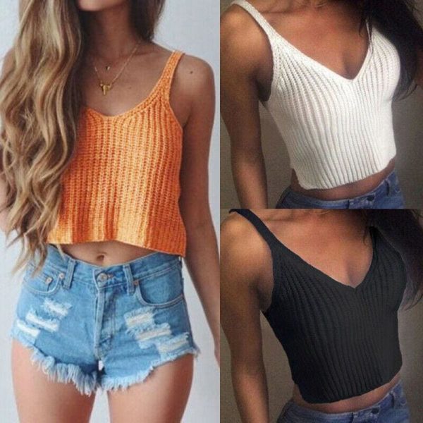 The Best New Women Vest Summer Ladies V-Neck Knit Crop Tops Beach Tank Vest Bralet Bra Solid Cami Online - Takalr