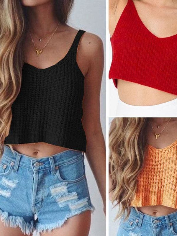 The Best New Women Vest Summer Ladies V-Neck Knit Crop Tops Beach Tank Vest Bralet Bra Solid Cami Online - Takalr