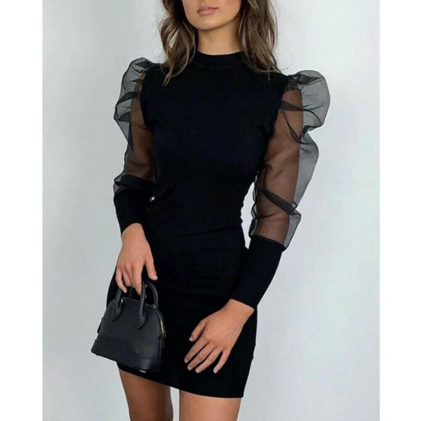 The Best New Women Winter Mesh Sheer Puff Sleeve Bodycon Dress Ladies Party Club Knitted Sweater Jumper Tops Stretch Dress Online - Takalr