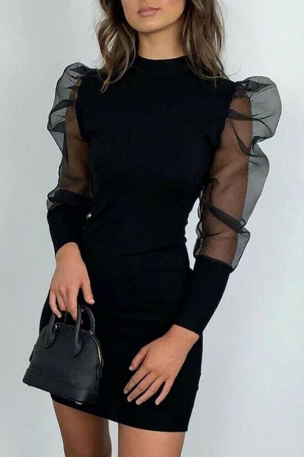 The Best New Women Winter Mesh Sheer Puff Sleeve Bodycon Dress Ladies Party Club Knitted Sweater Jumper Tops Stretch Dress Online - Takalr