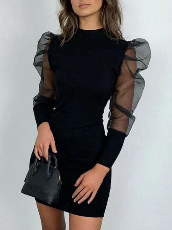 The Best New Women Winter Mesh Sheer Puff Sleeve Bodycon Dress Ladies Party Club Knitted Sweater Jumper Tops Stretch Dress Online - Takalr