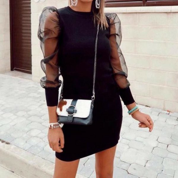 The Best New Women Winter Mesh Sheer Puff Sleeve Bodycon Dress Ladies Party Club Knitted Sweater Jumper Tops Stretch Dress Online - Takalr