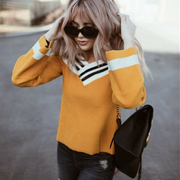 The Best New Women's Autumn Off Shoulder Long Sleeve Pullover Casual Tops V Neck Loose Lady Jumper Shirt Top Sweatshirt Online - Takalr